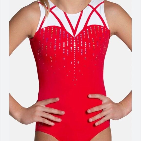 Sylvia P Child's Cora Leotard Red & White With Rhinestones Size 6 Girls